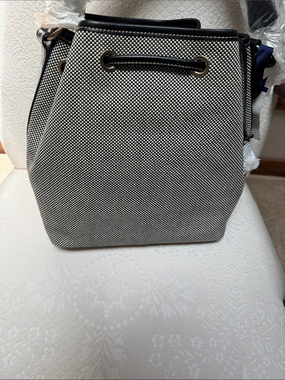 Black & White Textured fabric Bucket Bag with Tassel Drawstring NWT